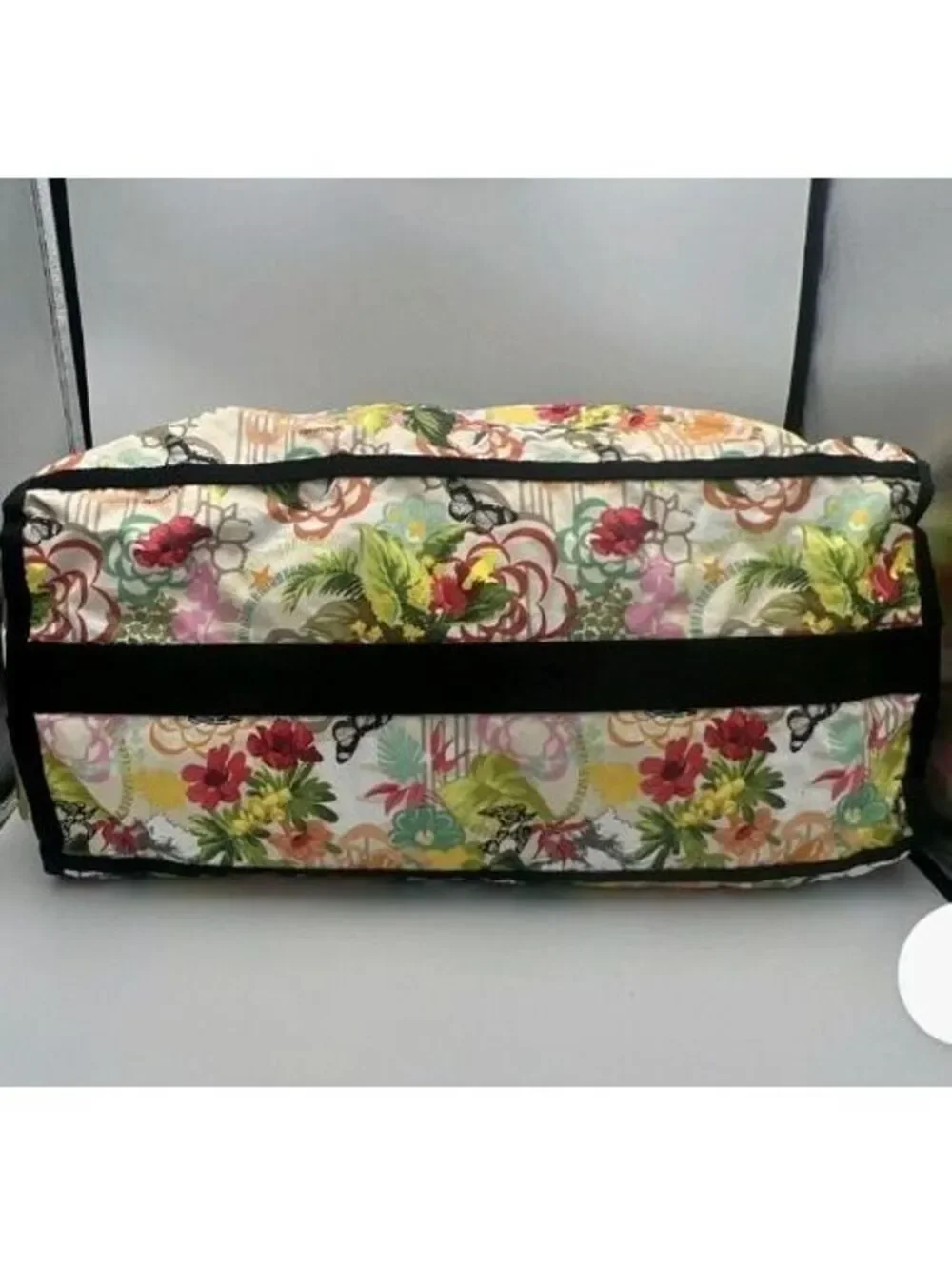 LeSportsac Large Floral Print Duffel Bag with Black Straps and Multiple Zippers